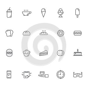 Bakery and cake delivery outline icons set, dessert store commercial