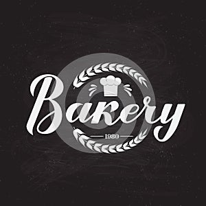 Bakery calligraphy hand lettering on chalkboard background. Bake shop round emblem logo design. Easy to edit vector template for