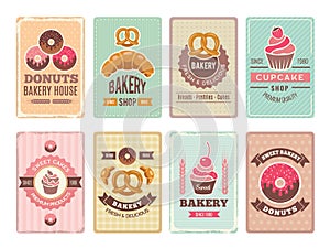 Bakery cards design. Fresh sweet foods cupcakes donuts and other baking products illustrations for vintage vector menu