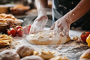 Bakery Chef\'s Hands Kneading Dough for Homemade Pizza and Pasta