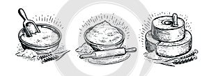 Bakery concept in vintage engraving style. Wheat flour, bread, millstone, dough sketch vector illustration