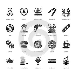 Bakery, confectionery flat glyph icons. Sweet shop products cake, croissant, muffin, pastry cupcake, pie. Food signs