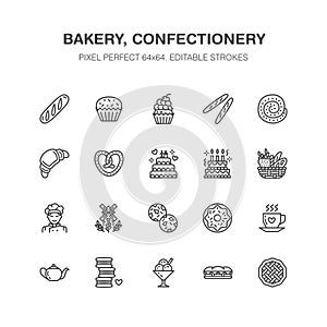 Bakery, confectionery flat line icons. Sweet shop products