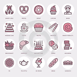 Bakery, confectionery line icons. Sweet shop product - cake, croissant, muffin, pastry, cupcake, pie Food thin linear