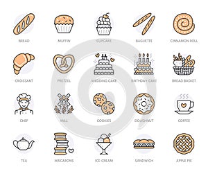 Bakery, confectionery poster template. Vector food line icons, illustration of sweets, pretzel, croissant, muffin