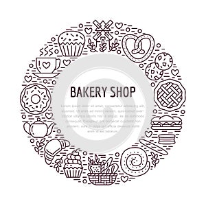 Bakery, confectionery poster template. Vector food line icons, illustration of sweets, pretzel croissant, muffin, pastry