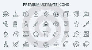 Bakery, confectionery thin line icons set, sweet food collection with kitchen equipment