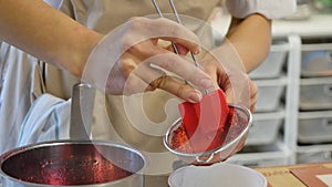 Bakery and cooking class of cookies. Strawberry Jelly on Spatula. Berry jams and spatula