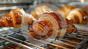 bakery delights, freshly baked croissants on a rack evoke a delightful bakery atmosphere with their tempting aroma and photo