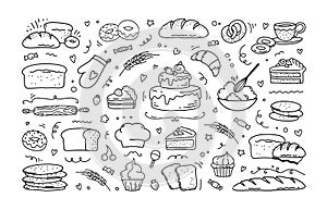Bakery doodle set, sweet pastry, cupcake and cookies, hand drawn typography elements. Croissants for chefs gourmet menu