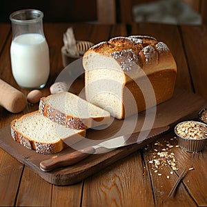 Bakery essentials loaf bread, slice, knife, and glass of milk
