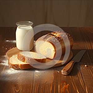 Bakery essentials loaf bread, slice, knife, and glass of milk