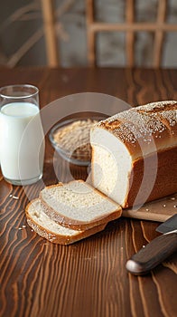 Bakery essentials loaf bread, slice, knife, and glass of milk