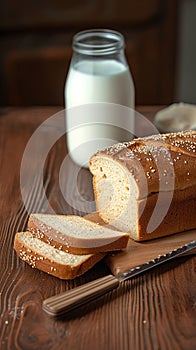 Bakery essentials loaf bread, slice, knife, and glass of milk