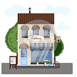 Bakery exterior vector illustration. Flat design of facade. Cafe building concept. Light brown two-story restaurant in