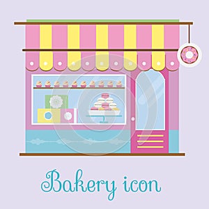 Bakery facade view. Bakehouse icon. Pastry store, patisserie, candy shop. Vector illustration
