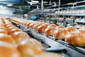 A bakery facility that is producing burger buns on an automated production line