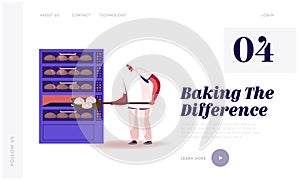 Bakery Factory and Food Production Website Landing Page. Baker Character Put Raw Bread Loafs to Oven for Baking