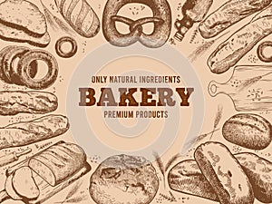 Bakery frame. French baguette, fresh bread and hand drawn baked goods sketch vector poster illustration set