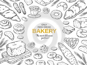 Bakery frame. Hand drawn bread and cookies banner for menu, sweet pies and cakes doodle design template. Vector bakery