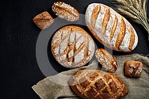 Bakery - gold rustic crusty loaves of bread and buns on black chalkboard background.