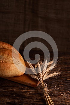 Bakery - gold rustic crusty loaves of bread and buns on black chalkboard background. Still life captured from above