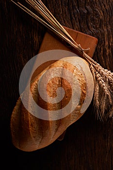 Bakery - gold rustic crusty loaves of bread and buns on black chalkboard background. Still life captured from above