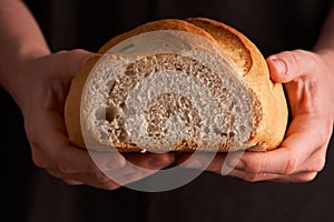 Bakery - gold rustic crusty loaves of bread and buns on black chalkboard background. Still life captured from above