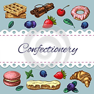 Bakery goods, sweet desserts, pastries, berries cute illustration. homemade pastries color sketch set. pastry banner or