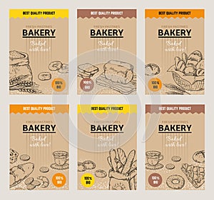 Bakery hand drawn posters. Vintage bread menu design template, sweet cookies and pies doodle sketch. Vector wheat flour