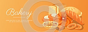 Bakery horizontal web banner. Fresh bread, cherry pie, cakes, long loaf, rolls, bagels, other pastry and wheat flour products.