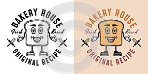 Bakery house vector emblem, badge, label or logo with bread slice smiling cartoon character. Two styles monochrome and