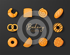 Bakery icon set in realistic 3d design. bread, donnut or cookie. photo