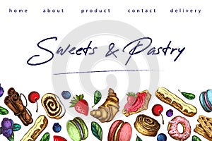 Bakery illustration. pastry banner, background or sweets shop landing page template. horizontal border, frame with