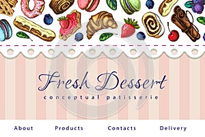 Bakery illustration. pastry banner, background, sweets shop landing page template. horizontal border, lace frame with