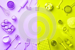 Bakery ingredients over trendy neon yellow and violet color background - butter, sugar, flour, eggs, oil, spoon, rolling pin.