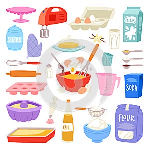 Bakery ingredients vector food and kitchenware for baking cake set of eggs flour and milk for dough illustration of