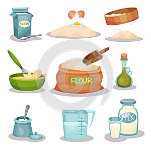 Bakery ingridients set, kitchen utensils and products for baking and cooking vector Illustrations on a white background