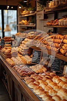 bakery item display, A captivating bakery item display featuring an array of artisan breads and pastries. The setting is a