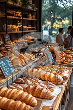 bakery item display, A captivating bakery item display featuring an array of artisan breads and pastries. The setting is a