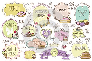 Bakery Labels,badges setwith cakes.Vintage doodles