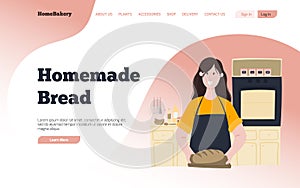 Bakery landing page layout template with flat character design. Woman in the kitchen with fresh homemade bread. Cartoon concept