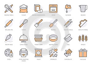 Bakery line icon set. Baking tool - confectionery bag, dough roll, cake decorating, pastry ingredient minimal vector