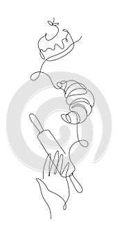 Bakery linear desserts and kitchen tools vertical silhouette illustration