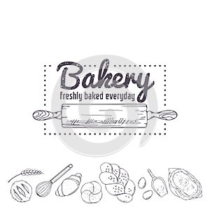 Bakery logo template. Hand drawn rolling pin and baking for your design. Sketched illustration