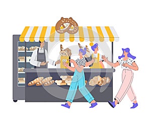 Bakery with Man and Woman Baker Character Sell Fresh Bread at Stall Vector Illustration