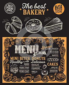 Bakery menu food template for restaurant with doodle hand-drawn graphic
