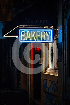 Bakery neon sign, in the East Village, Manhattan, New York City photo