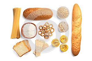 Bakery and pasta products isolated on white. Baguette, pasta, dryings bagel, toast bread, crispbreads and bread.
