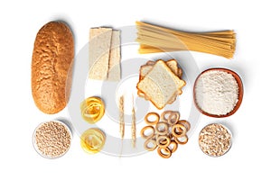 Bakery and pasta products isolated on white. Baguette, pasta, dryings bagel, toast bread, crispbreads and bread.